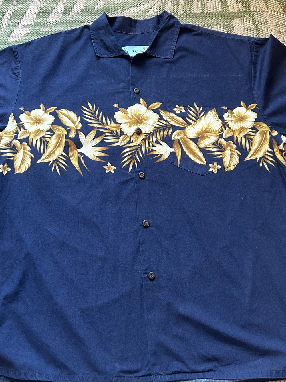 J C HAWAII Men's Navy Button-Down Aloha Shirt with Gold Floral Stripe